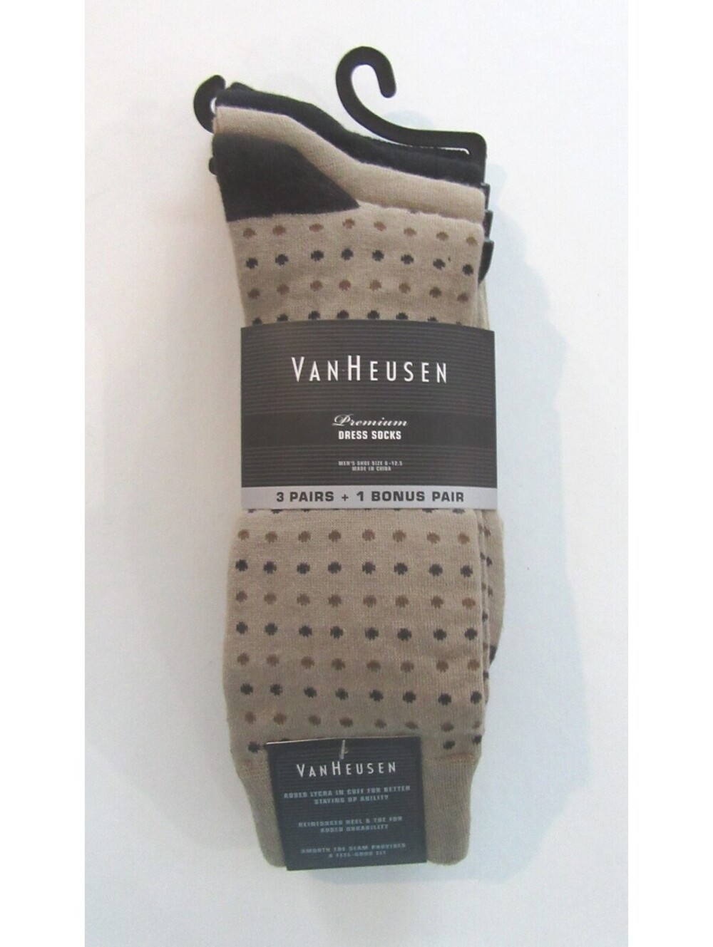 Van Heusen Premium Crew Dress Socks Beige Polka Dot / Black 4 Pack NWT